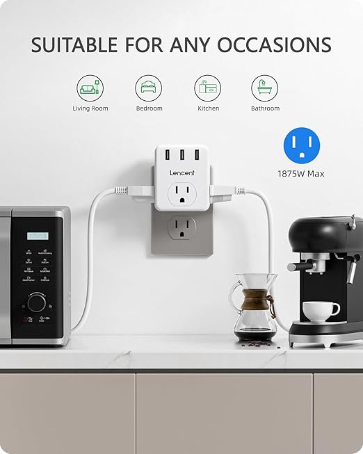 LENCENT Multi Plug Outlet Extender, 2 Pack, 3 Outlets Splitter with 3 USB Ports, USB Brick, Wall Charger, 3 Prong Power Charging Box Expander for Home, Office, Hotel - White
