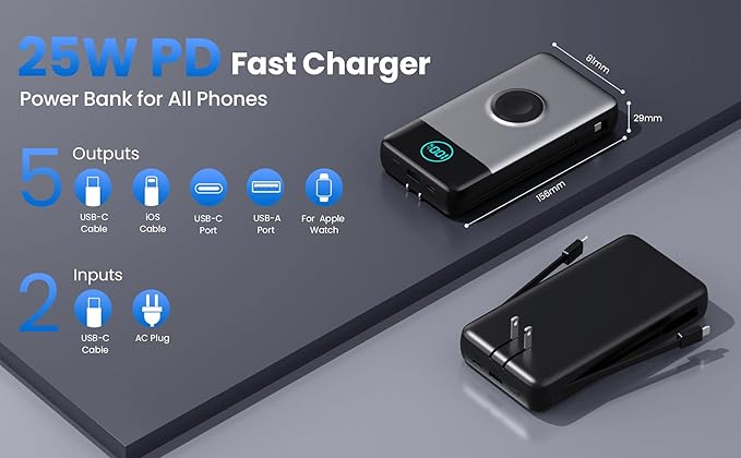 Portable Charger for iPhone with Built-in Cables and AC Wall Plug,Upgraded 40800mah Fast Charging USB C Power Bank,25W PD Travel Essentials Battery Pack for iPhone 17/16/15/14/13,Galaxy,Apple Watch