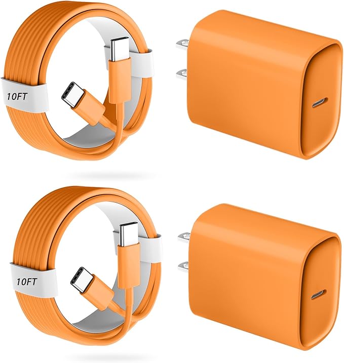 Phone 17 16 15 Pro Charger Fast Charging, 20W USB C Fast Charger Block with 10FT Long Type C Chargers Fast Charging Cable Cord for Phone 17/17 Pro/17 Pro Max/Air/16 Pro Max/16 Pro/15Pro-Cosmic Orange