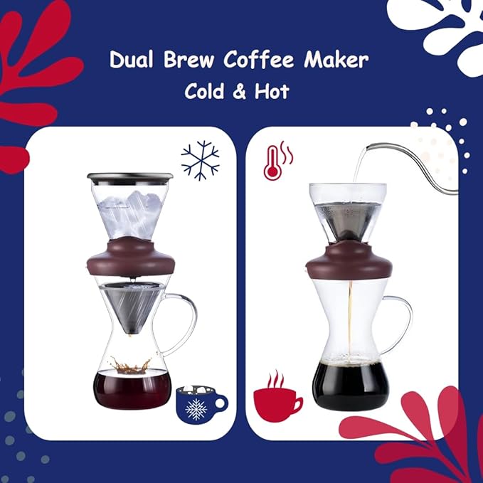 Blue Horizon Hot & Iced Coffee Maker 14oz – Pour Over Coffee Dripper with Temperature Resistant Glass Carafe & Stainless Steel Reusable Filter, Single Serve Cold Coffee & Hot Tea Brewer