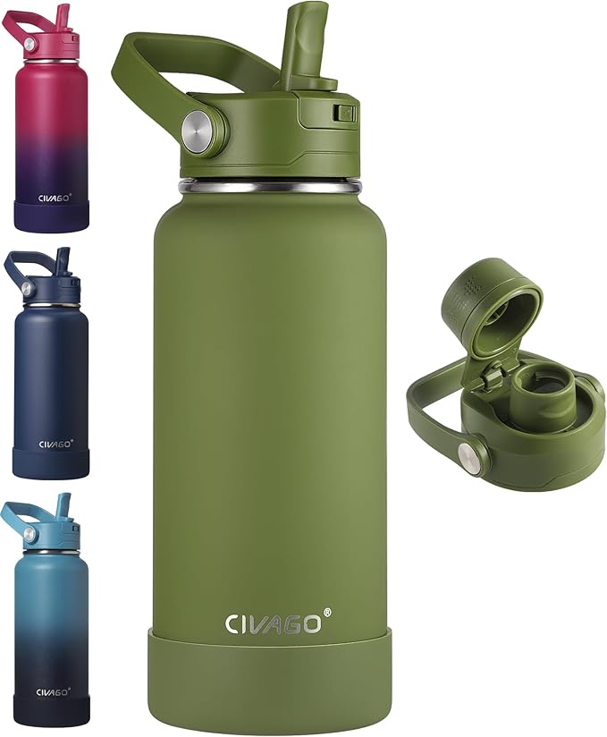 CIVAGO 32 oz Insulated Stainless Steel Water Bottle with Detachable Straw, Large Metal Water Jug with Bucket Handle, Leakproof Sports Water Flask with Silicone Boot, Dishwasher Safe, Army Green