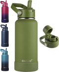 CIVAGO 32 oz Insulated Stainless Steel Water Bottle with Detachable Straw, Large Metal Water Jug with Bucket Handle, Leakproof Sports Water Flask with Silicone Boot, Dishwasher Safe, Army Green
