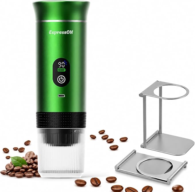 Portable Espresso Coffee Maker Rechargeable Self Heating Machine For Travel Car 3 in 1 Ground Coffee and NS Capsules 20 Bar Pressure Smart LED Display Camping Office With Stand Holder (GREEN)