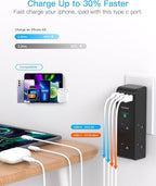 Surge Protector Outlet Extender with Rotating Plug, 6 AC Multi Plug Outlet with 4 USB Ports (2 USB C), 1800 Joules, 3-Sided Swivel Power Adapter with Spaced Outlet Splitter for Dorm, Office, Black