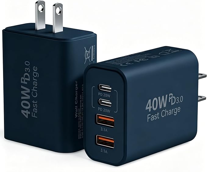 USB C Wall Fast Charger Block, 40W 4-Port Type C Charger Fast Charging Blocks PD Power Charger Adapter+QC 3.0 USB Multiport Charger Brick for Phone 17/16/15/14/13/12 Pro Max, Pad, GalaxyS25-Navy Blue