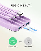 charmast Portable Charger with Built in Cables, 10000mAh Slim Power Bank, 15W USB C in&Out Port High Speed Charging External Charger, Battery Pack Compatible with iPhone 16 15 13 Samsung Google iPad
