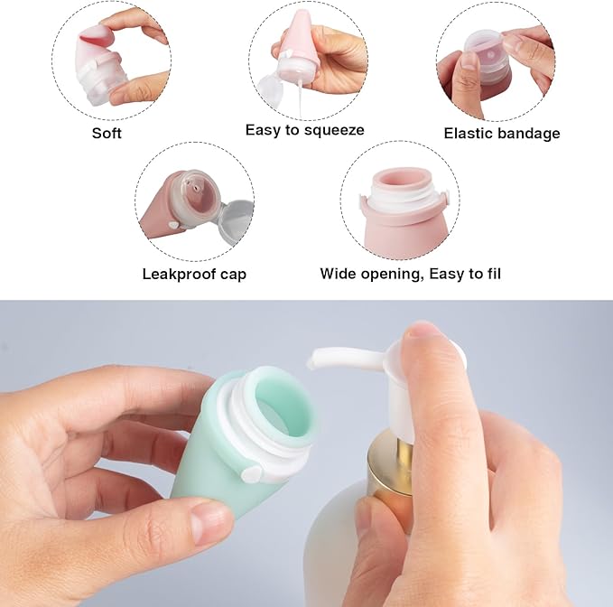 1oz Silicone Travel Bottles for Toiletries (4-Pack), TSA Approved Leakproof Toiletry Bottles with Locking Lid, Refillable Travel Size Containers for Shampoo, Body Wash, Camping & Trips (Green Pink)