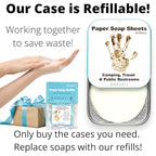 BORSALI Paper Soap Sheets for Traveling - Portable Paper Hand Soap for Hiking, Camping, Public Restrooms - Dissolvable Travel & Backpacking Gear - 1 Case with 50 PIeces and 3 Refills To Go;