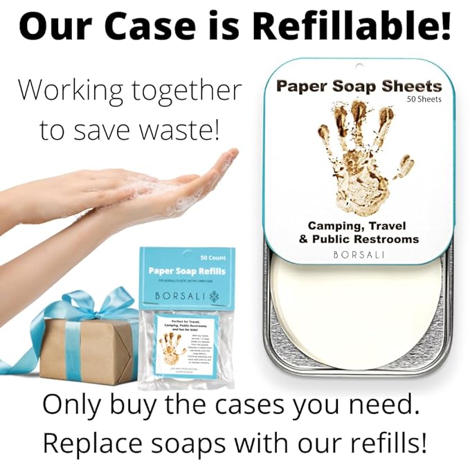 BORSALI Paper Soap Sheets for Traveling - Portable Paper Hand Soap for Hiking, Camping, Public Restrooms | Dissolvable Travel & Backpacking Gear (50 sheets & Case)