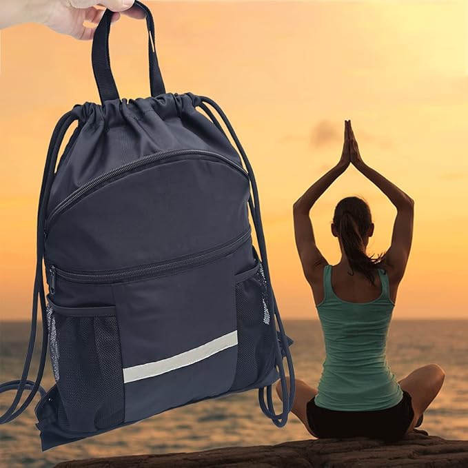 Drawstring Backpack Sports Gym Bag with Shoe Compartment, X-Large String Bag for Women Men with Zipper Pockets and Mesh Pockets (Black)