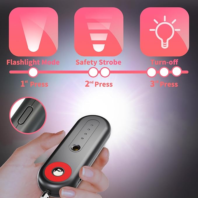 Rechargeable Personal Safety Alarm for Women - 130dB Self Defense Keychain Siren Whistle with SOS Strobe Light, Low Battery Notice - Emergency Security Safe Protection Devices, College Essentials