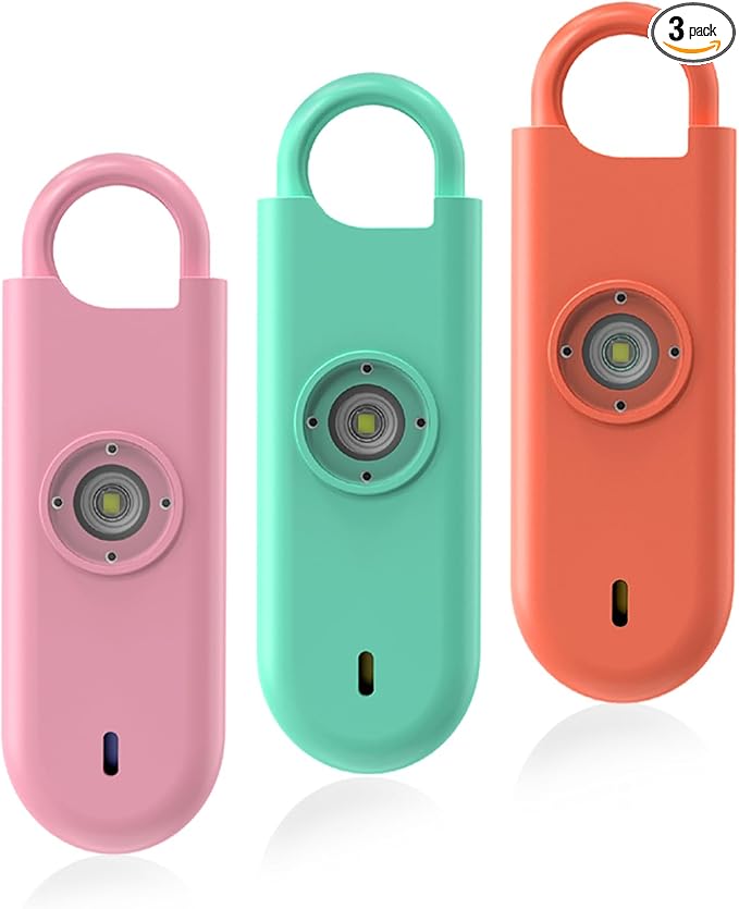 Fauxomor 140dB Personal Safety Alarm for Women, 3 Pack Safe Alarm Protection Keychain with Strobe Light & Low Battery Notice, Security Siren Self Defense for Seniors College Girls, Pink+Green+Orange