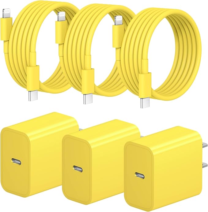 iPhone Fast Charger 3+3Pack 20W USB C Wall Charger with 6FT Fast Charging Cable Compatible with iPhone 14/13/12/11/Pro/Pro Max-Yellow