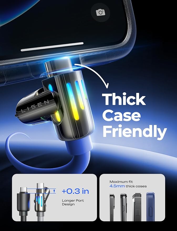 LISEN USB C to Lightning Cable, 240W 4 in 1 Charging Cable 6.6FT, Chubby USB A/C to C/Lightning with Light for iPhone Charger Fast Charging iPhone Air 17 16 15 14 Pro/MacBook/iPad, Dark Blue