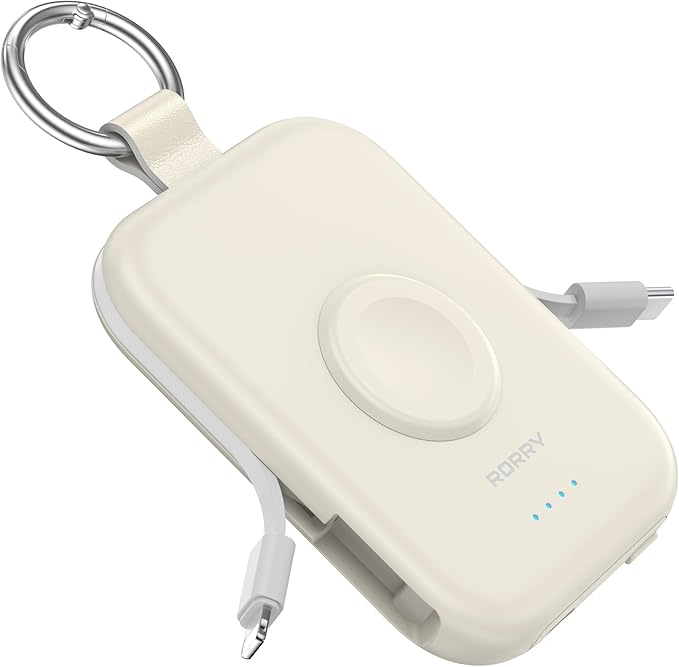 RORRY CharmGo Portable Charger, 5000mAh Portable Charger Power Bank with Built-in Cables, Travel Keychain Battery Pack for Apple Watch and iPhone Air/17/16/15/14/13/12, Starlight