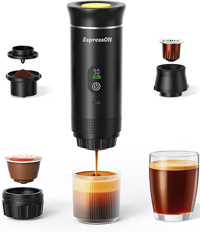 Portable Espresso Coffee Maker Rechargeable Self Heating Machine For Travel Car 3 in 1 Ground Coffee and NS Capsules 20 Bar Pressure Smart LED Display Camping Office Home Car RV Travel USB C (BLACK)