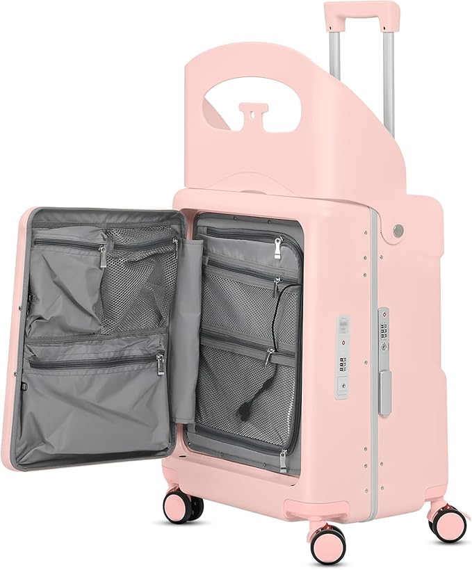 advwin 20" Carry-On Luggage with Seat for Kids & Adults, Lightweight Hardside Ride-On Suitcase with Front Opening, TSA Lock, 360° Spinner Wheels (Pink, 20-inch)