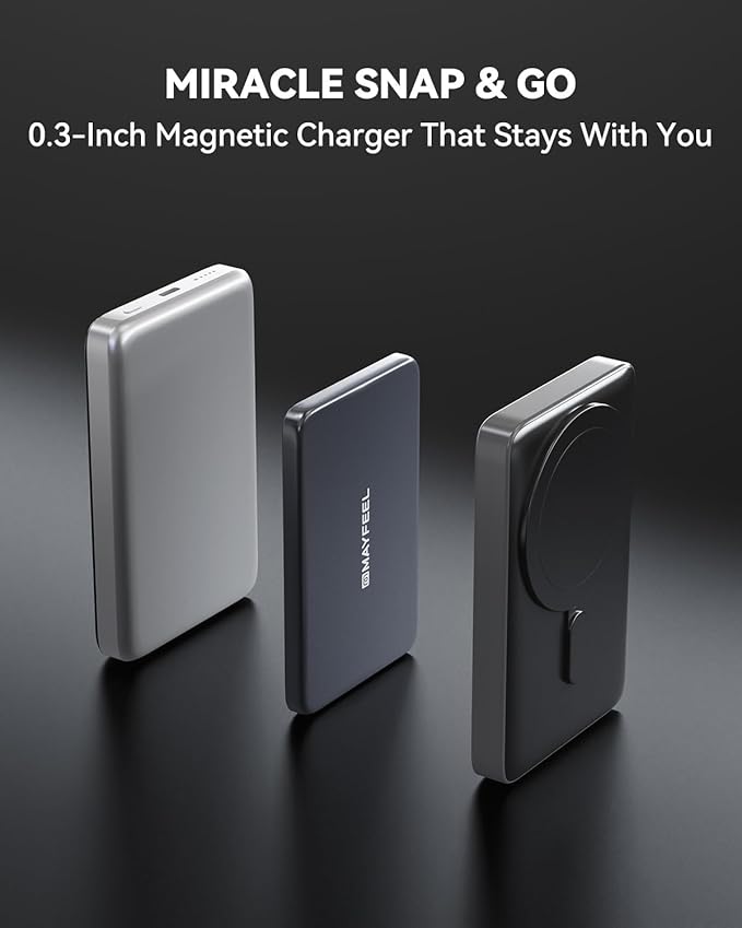 Mayfeel 0.3'' Ultra Slim Magnetic Portable Charger, 5,000mAh Wireless Power Bank with USB-C Cable, Fast Charging Compatible with MagSafe for iPhone 17/16/15/14/13/12