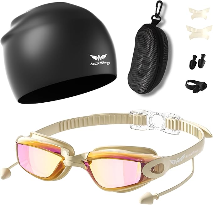 7 in 1 Swim Goggles + Swim Cap for Men Women,No Leak Anti-Fog & UV, Wide Visio HD Mirror PC Lens
