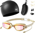 7 in 1 Swim Goggles + Swim Cap for Men Women,No Leak Anti-Fog & UV, Wide Visio HD Mirror PC Lens