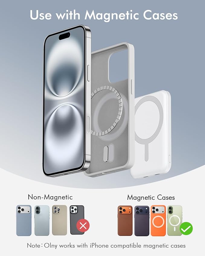 podoru for Magsafe Battery Pack, 5000mAh Magnetic Power Bank with Type-C Cable 20W PD Fast Charging Lighting Input Wireless Portable Charger for iPhone 17/16/15/14/13/12/ All Series-Snow White