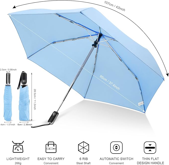 Compact Travel Umbrella for Purse - Flat Handle, Waterproof for Light Rain
