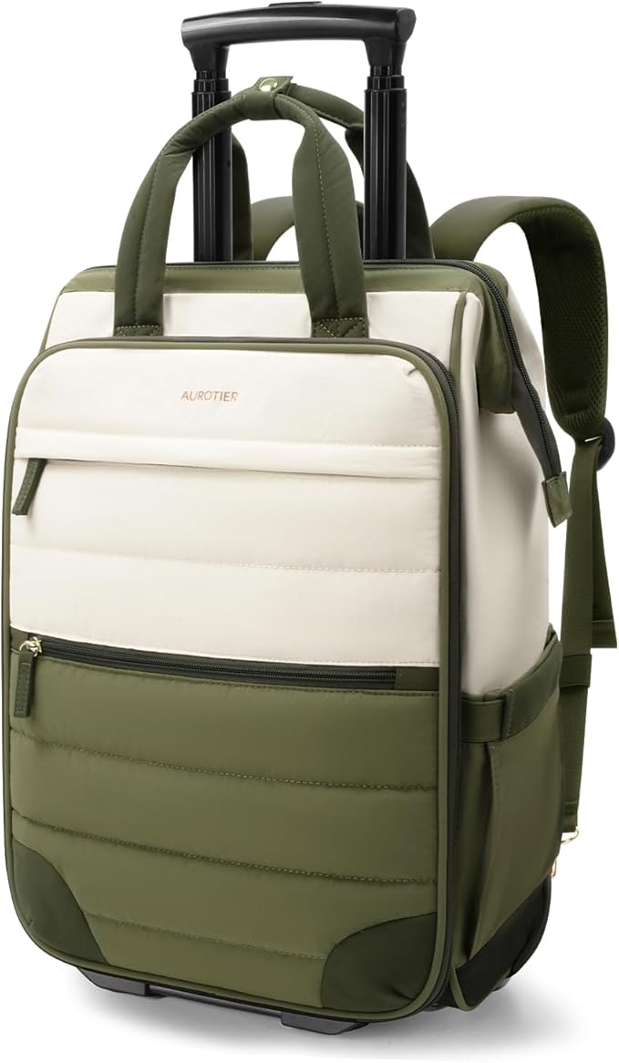 Rolling Puffer Backpack for Women, Travel Backpack with Wheels, 16 Inch Wheeled Laptop Backpack, Dual-Opening Design Overnight College Underseat Carry on Luggage, Roller Business Work Bag, Green
