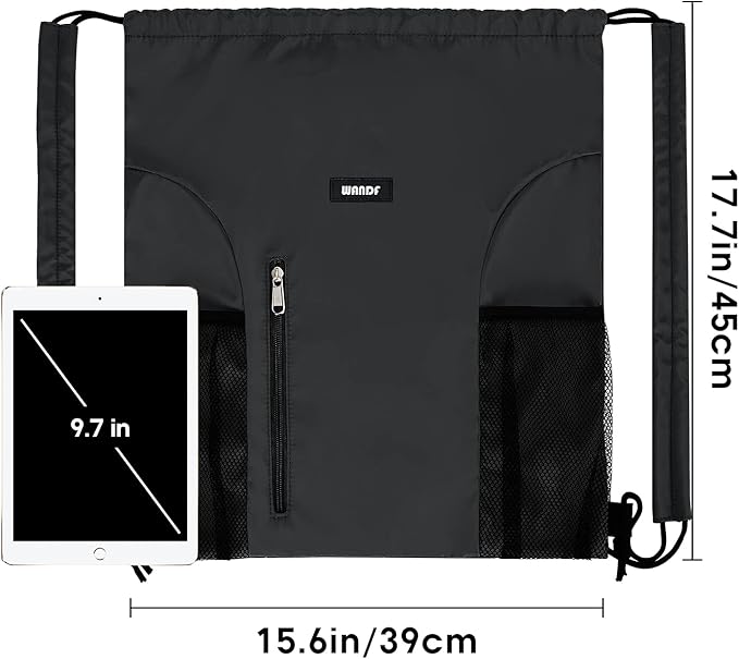 WANDF Drawstring Backpack with Shoulder Pad Sports Gym Backpack with Mesh Pocket String Bag for Women Men(Black)