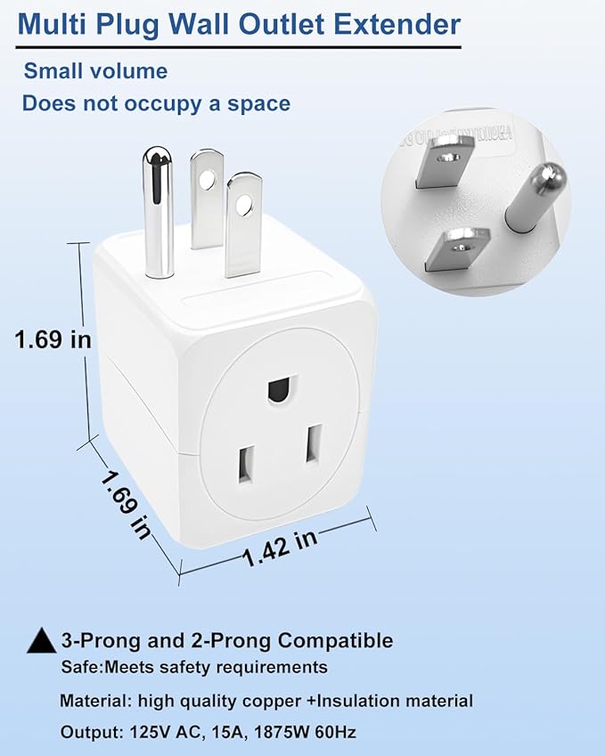 3 Plug Outlet Splitter Adapter 3 Pack - Small Multi Plug Wall Outlet Extender - 3 Way Plug Extension Adapter for Cruise Ship, Home Office, Dorm Room, Travel Essentials, Easy to Install,White