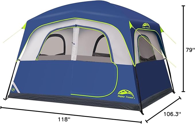 Happy Travel Tent 6 Person Tents for Camping, Waterproof Easy Setup Camping Tent with Rainfly, Portable Large Family Cabin Tent with 5 Large Mesh Windows and Carry Bag for Outdoor Camping & Hiking