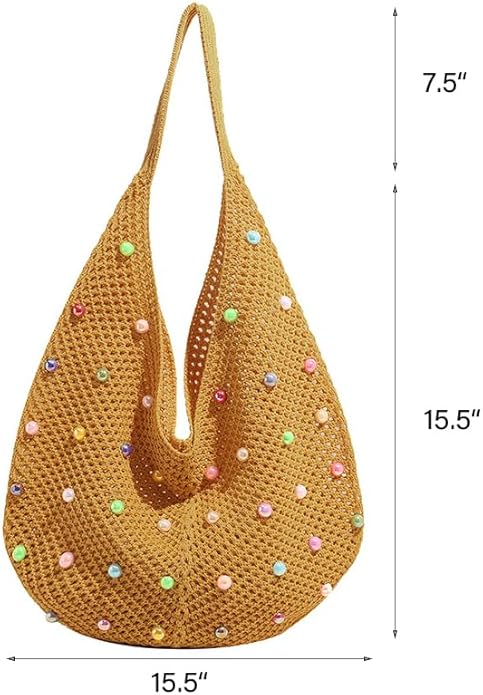Boho Crochet Beach Tote Shoulder Bag with Colored Beads | Colorful Aesthetic Hippie Knit Bag for Women