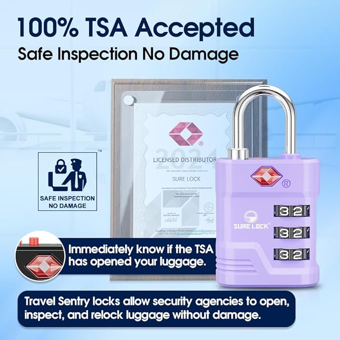 SURE LOCK TSA Approved Luggage Lock – 3-Digit Resettable Combination Padlock with Open Alert Red Dot, Large Easy-Read Dials for Suitcases, Backpacks, Gym & School Lockers (Purple 4 pk)