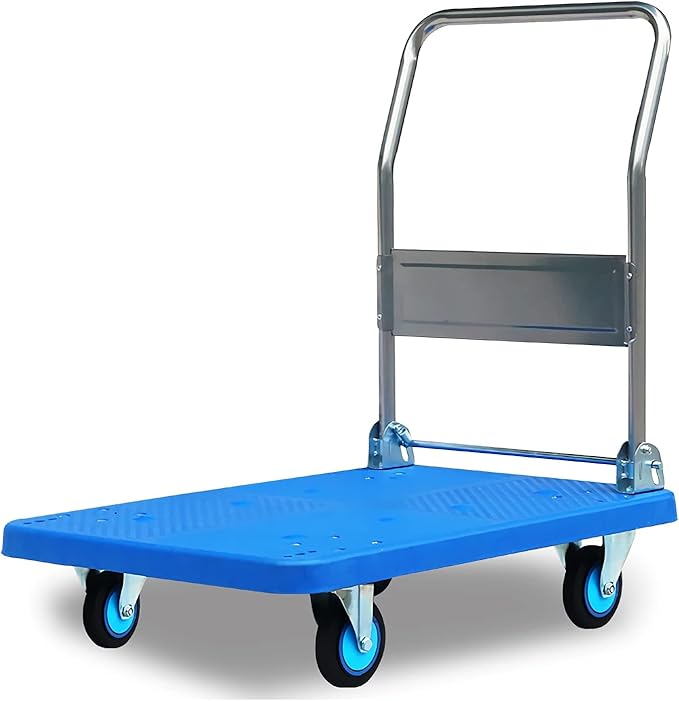 Heavy Duty Flatbed Hand Cart with Mute Wheels Foldable Metal Handle Ideal for Transporting Baggage & Books 300 Size Plastic Platform Truck Push Trolley for Moving