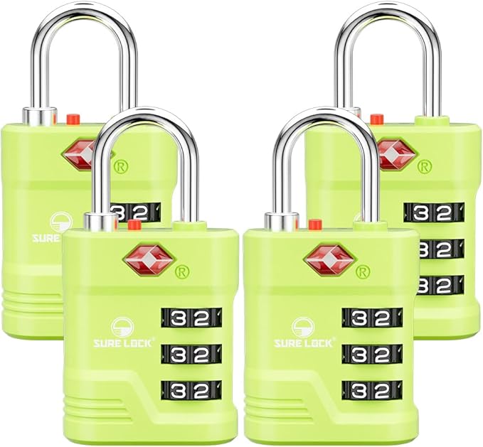 SURE LOCK TSA Approved Luggage Lock – 3-Digit Resettable Combination Padlock with Open Alert Red Dot, Large Easy-Read Dials for Suitcases, Backpacks, Gym & School Lockers (Green 4 pk)