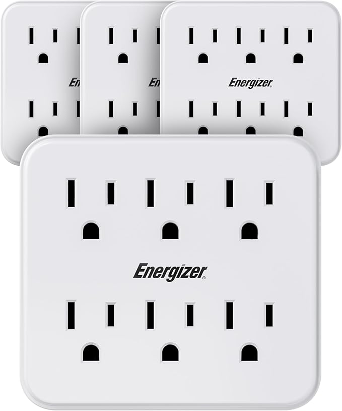 Energizer 4 Packs of 6 Device Multi Plug Wall Outlet Extender (6) AC Power Outlets Grounded Power Strip Expander Outlet Splitter Plug in Adapter, White, ENG-4PKTAP01