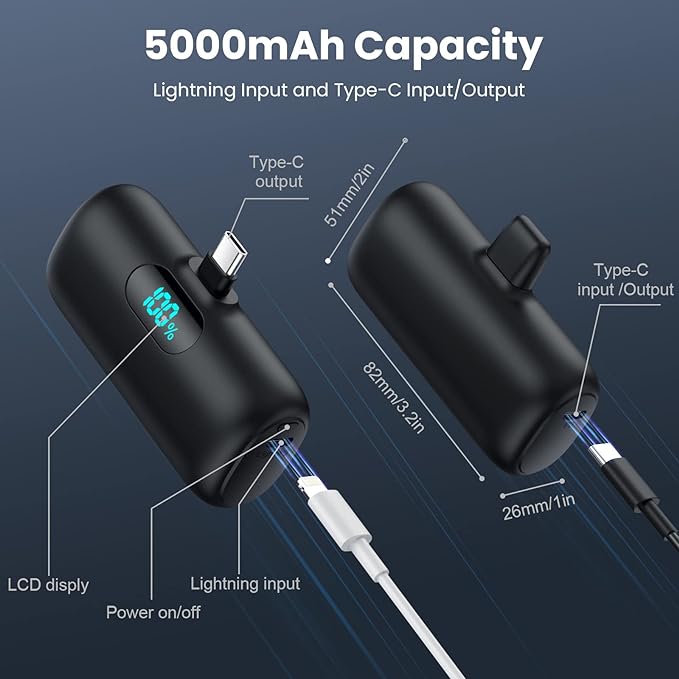 [2-Pack] Mini Portable Charger 5000mAh Power Bank,3A PD USB C Cell Phone Portable Power, LCD Display Battery Pack Compatible with iPhone 17/17 Air/16/16 pro/15/15 pro Max/Android/Samsung/Moto/LG etc