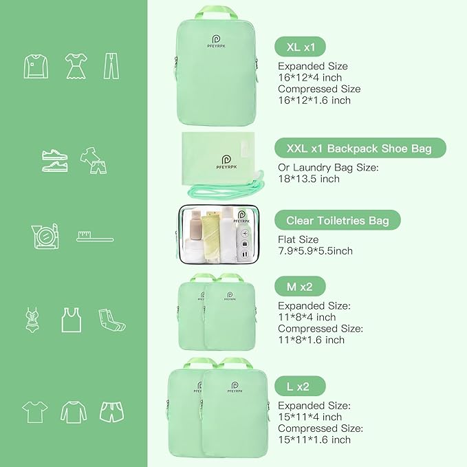 PFEYRPK Lightweight Compression Packing Cubes for Suitcases, Compressible Expandable Travel Packing Organizer with Clear Toiletries and Backpack Bag, Travel Essentials for Carry on Luggage 7 Set