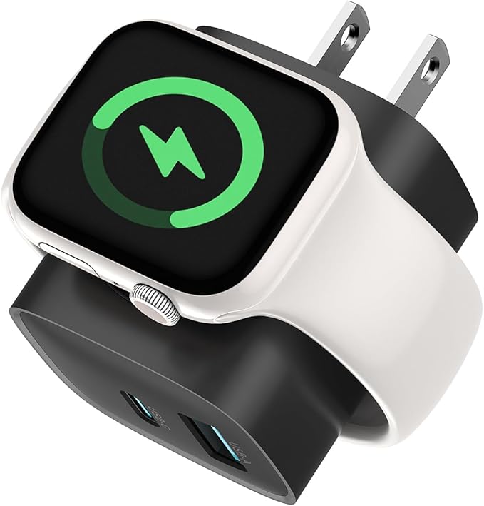 Charging Blocks for Smart Watch, 3-in-1 PD 20W USB C Charger Block with Built-in Wireless Watch Charging, Dual Ports Wall Charger Compatible with iPhone,AirPods,iWatch,Black