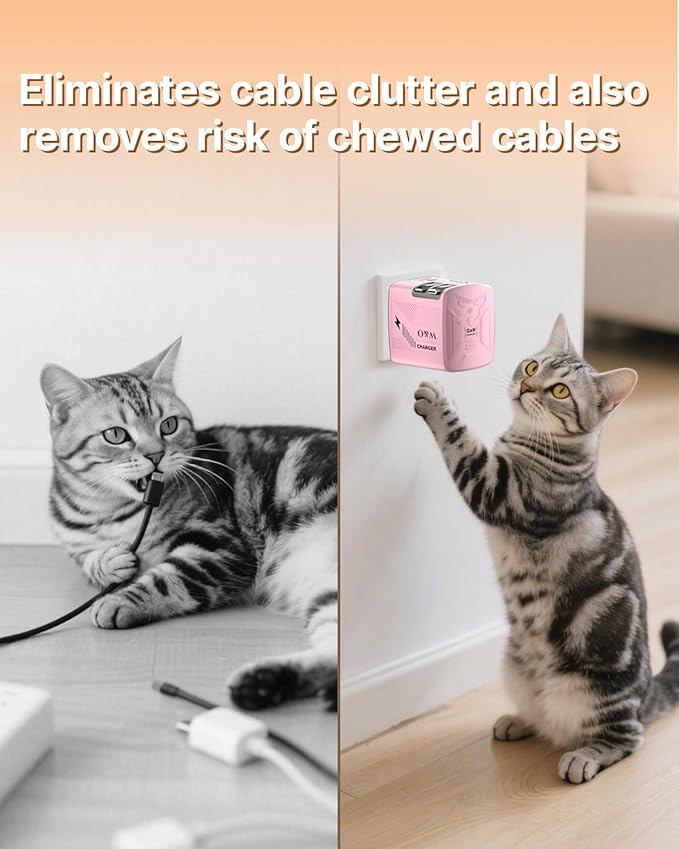 W & O 60W gan Fast Charger for iPhone, Retractable Phone Charger Wall Plug with Type‑C & Compatible Lightning Cables,for iPhone 17/16/15, Galaxy S25/24,Android and Devices (Pink)