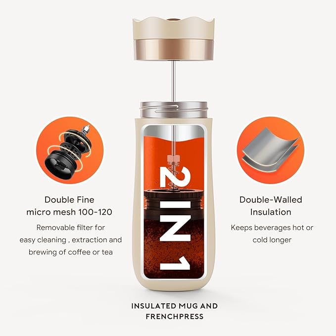 Portable Travel French Press Coffee Maker 12oz Portable French Coffee Maker and Tea Maker Double Walled Stainless Steel Vacuum Insulated Coffee Mug Great for Camping and Traveling (Rose)