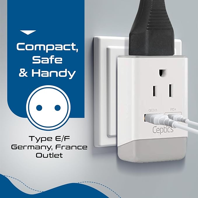 Ceptics Germany France Travel Plug Adapter, QC 3.0 & PD, Safe Dual USB & USB-C - 2 USA Socket Compact & Powerful - Use in Korea Russia France Spain Norway - Type E/F AP-9 - Fast Charging