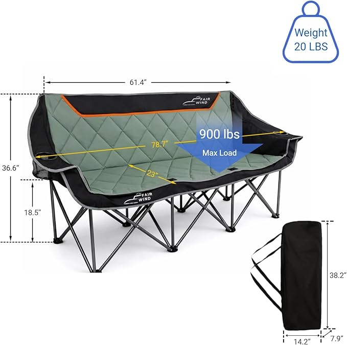 FAIR WIND Oversized 3 Person Camping Chair Padded Triple Loveseat Folding Camping Couch Duo Chair Heavy Duty Quad Fold Arm Chair with Cup Hold - Supports 900 LBS Black