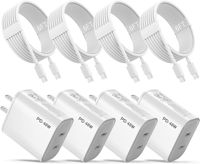iPhone 17 16 15 Charger, 4 Pack 40W USB C Charger Dual Port Fast Charging Block (4-Pack 6 ft USB C to C Cable Cord Included) for iPhone 17 16 15 Pro Max/15Pro/15/15Plus,iPad