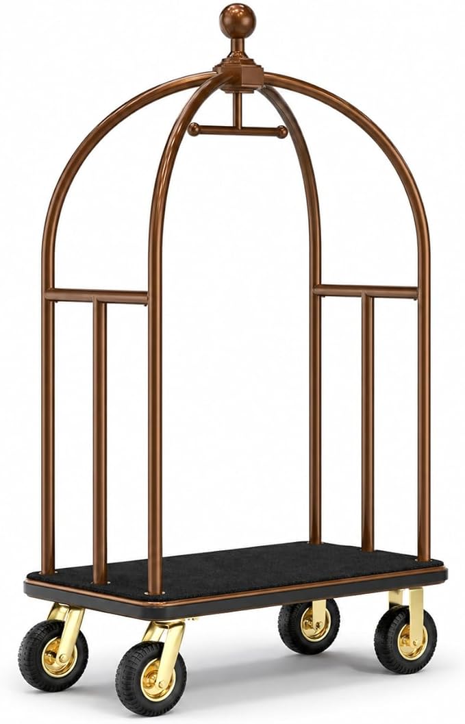 Hotel Luggage Cart, Heavy Duty Bellman Cart with 1600 lbs Capacity, 8" Silent Wheels, Stainless Steel Rolling Luggage Trolley with Carpet Deck for Hotels, Resorts & Apartments(Champagne)