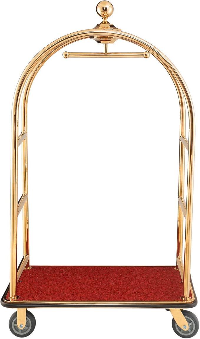 Global Industrial Gold Stainless Steel Bellman Cart Curved Uprights 6" Rubber Casters, 41-1/4"L x 24" W x 73" H, Hotel Luggage Cart for Commercial Use, Condos, Resorts