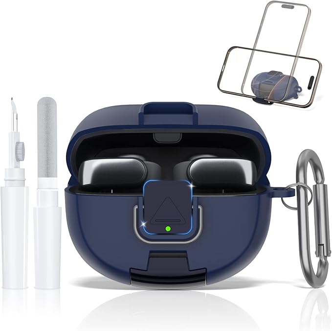 for Bose Ultra Open Earbuds Case with Secure Lock & Phone Stand, Soft TPU Shockproof Protective Clear Case for Bose Open Ear Earbuds Accessories with Cleaning Pen & Keychain (Dark Blue)