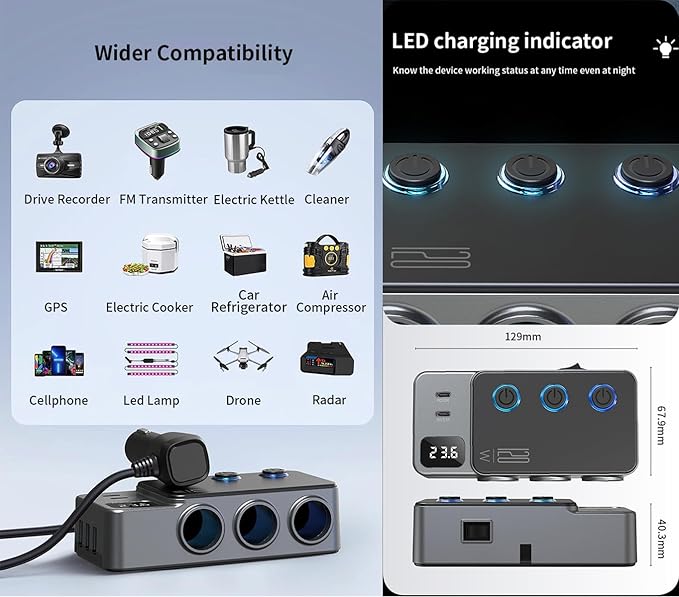 8 in 1 Cigarette Lighter Splitter, 3 Socket Car Charger Adapter, Type-C QC3.0 PD35W 5 USB C/A Fast Charging Port,12V/24V Input 120W Outlet with Built-in Protecter, Zero Risk to Car Battery & Devices