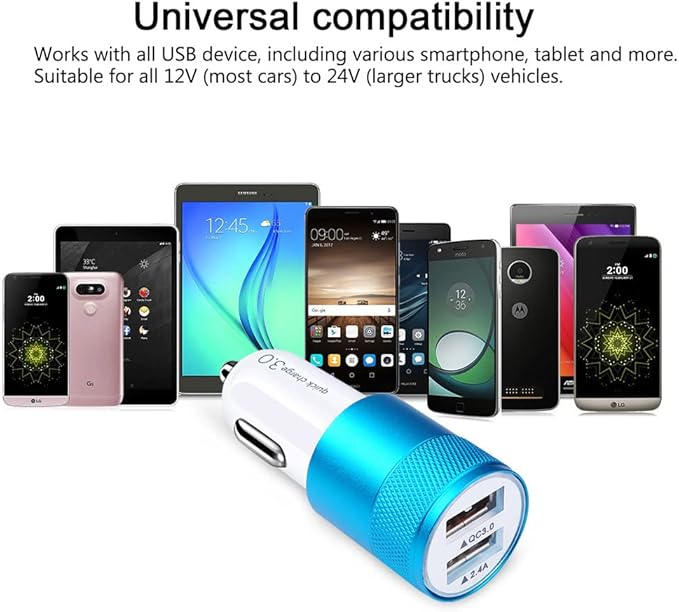 FiveBox Fast Car Charger, Quick 5.4A/30W Dual USB, QC 3.0 & 2.4A, Compatible Samsung Galaxy S23 S22 S21 S20 S10 S9 S8 Note, iPhone, Blue, Minimalist Style