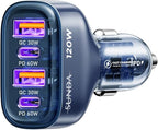 SUNDA 120W USB C Fast Car Charger, 4-Ports Car Charger Adapter, Dual Type C PD60W/PPS60W Compatible with iPhone17/16Pro/Max/iPhone15/Galaxy/SamsungS25, Dual USB-A 18W QC3.0 for Android(Blue)