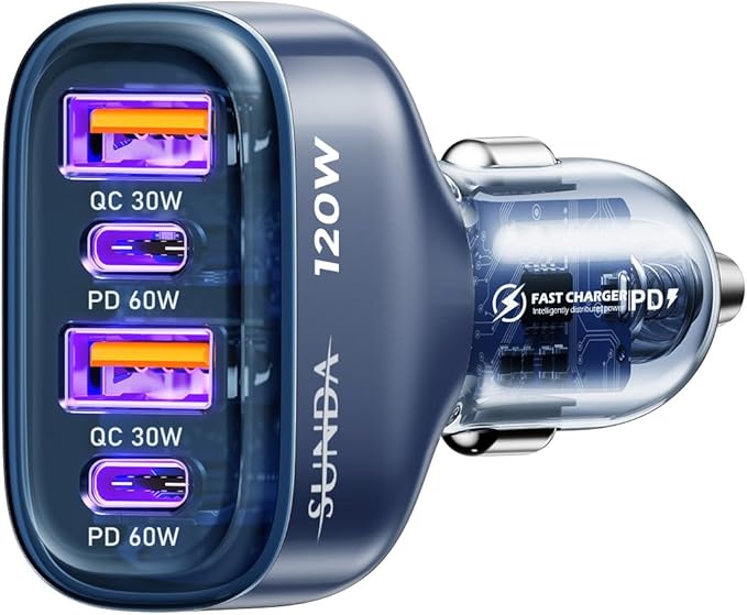 SUNDA 120W USB C Fast Car Charger, 4-Ports Car Charger Adapter, Dual Type C PD60W/PPS60W Compatible with iPhone17/16Pro/Max/iPhone15/Galaxy/SamsungS25, Dual USB-A 18W QC3.0 for Android(Blue)